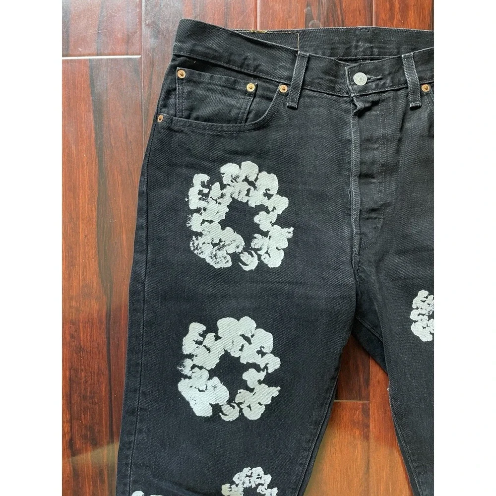 Levi's x DENIM TEARS 501 Black Cotton Wreath Denim Jeans 34W x 34L Preowned